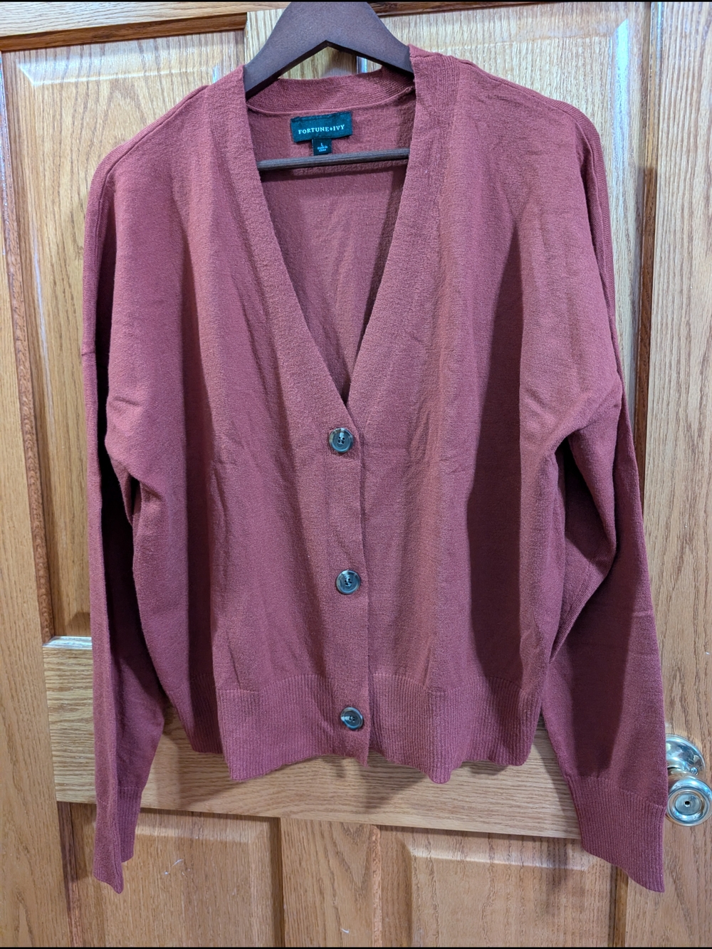 Rust Button-Front V-Neck Cardigan
